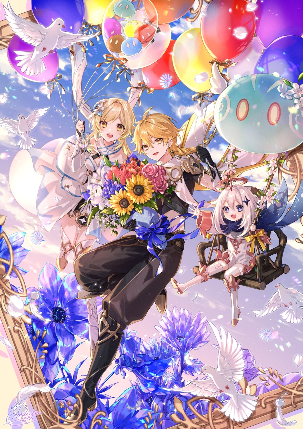 aether, amaichi_esora, armor, cleavage, dress, genshin_impact, lumine, paimon