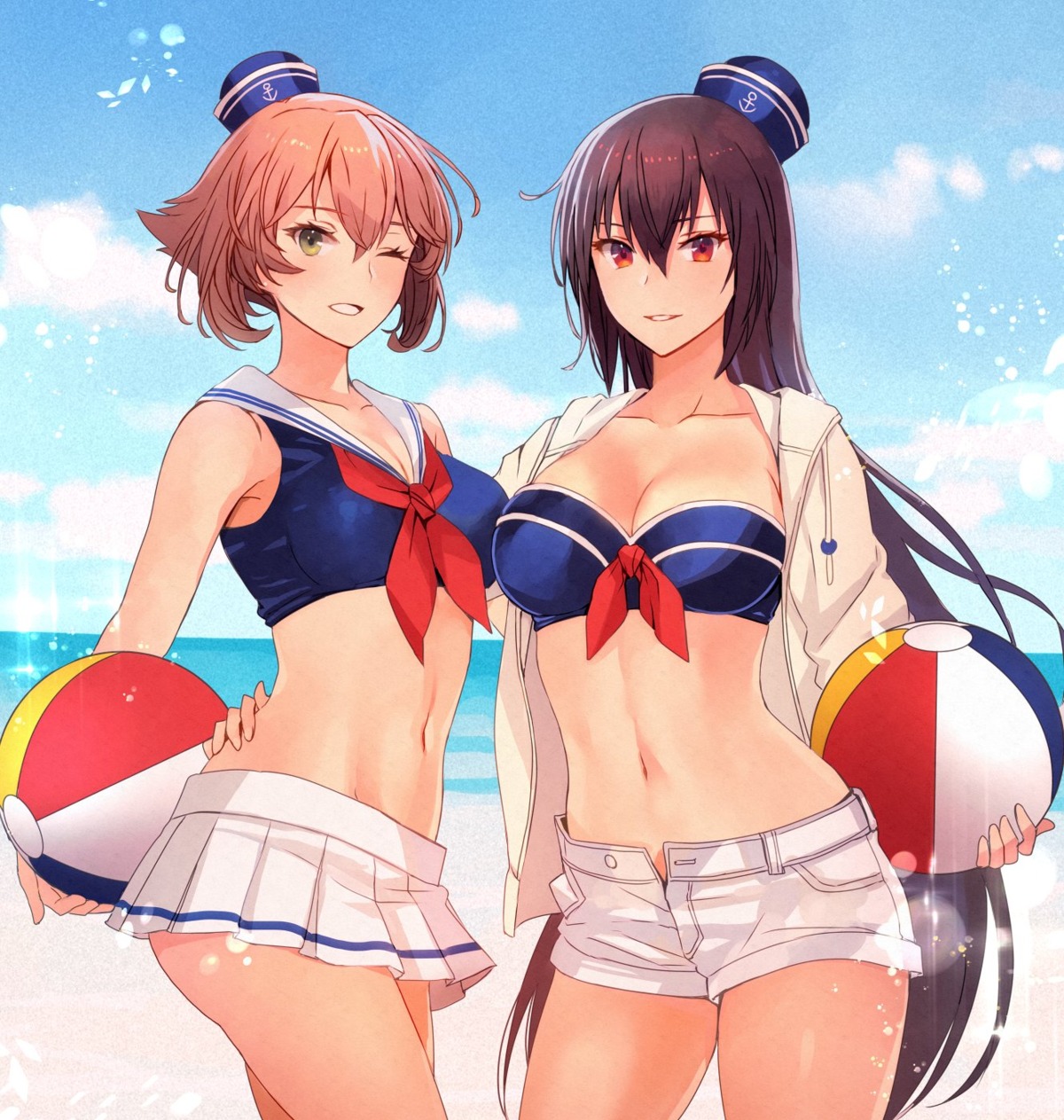 bikini_top, cleavage, kantai_collection, kasumi_(skchkko), mutsu_(kancolle), nagato_(kancolle), open_shirt, swimsuits