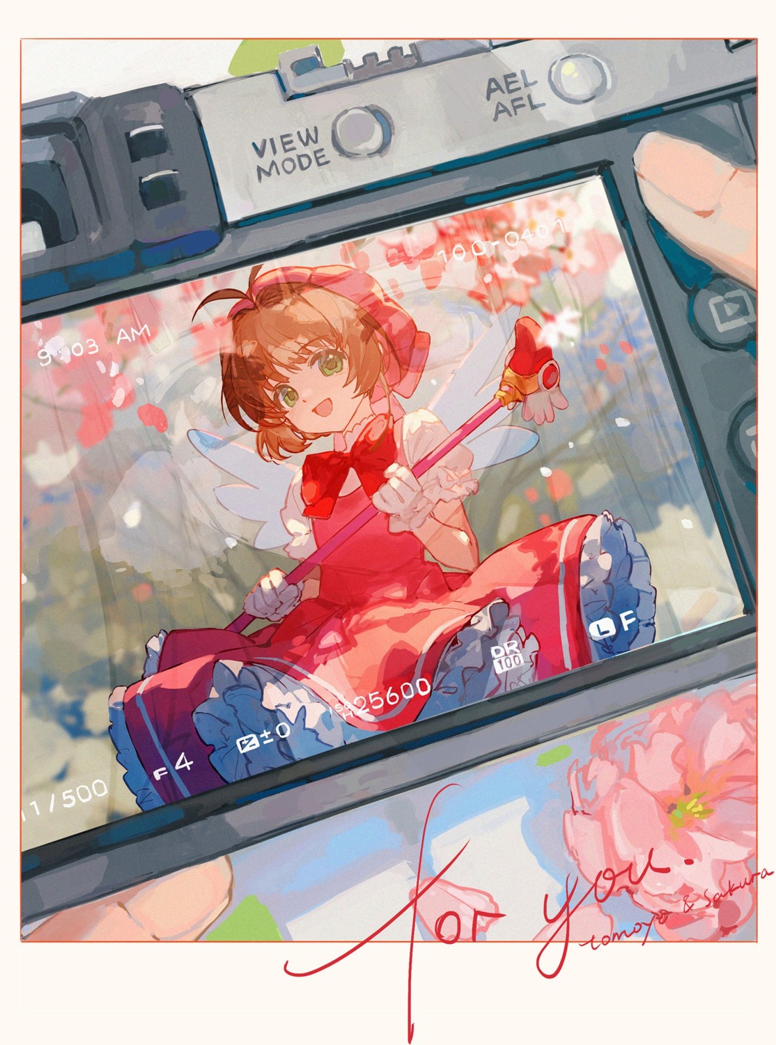 card_captor_sakura, ciloranko, daidouji_tomoyo, dress, kinomoto_sakura, weapon, wings