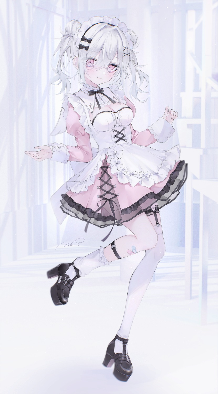 bandaid, garter, heels, maid, no_bra, see_through, si10ra, stockings