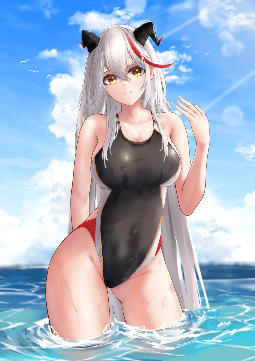 aegir_(azur_lane), azur_lane, horns, swimsuits, turboflower, wet
