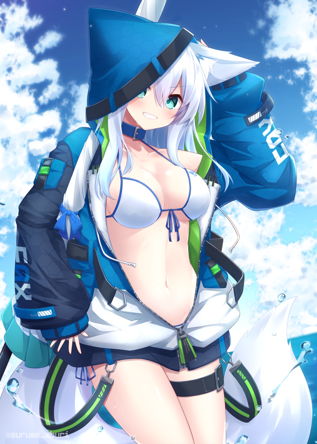 animal_ears, bikini_top, garter, kitsune, open_shirt, surume_aburi, swimsuits, tail