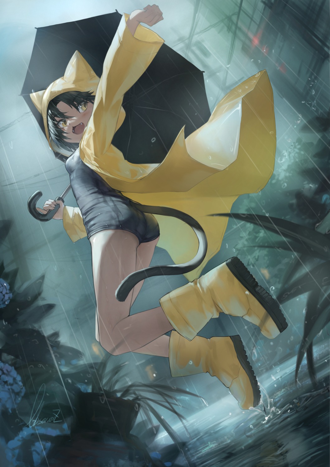 animal_ears, ass, observerz, school_swimsuit, swimsuits, tail, umbrella