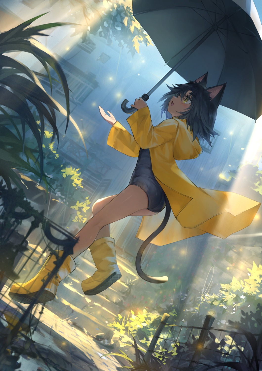 animal_ears, ass, nekomimi, observerz, school_swimsuit, swimsuits, tail, umbrella