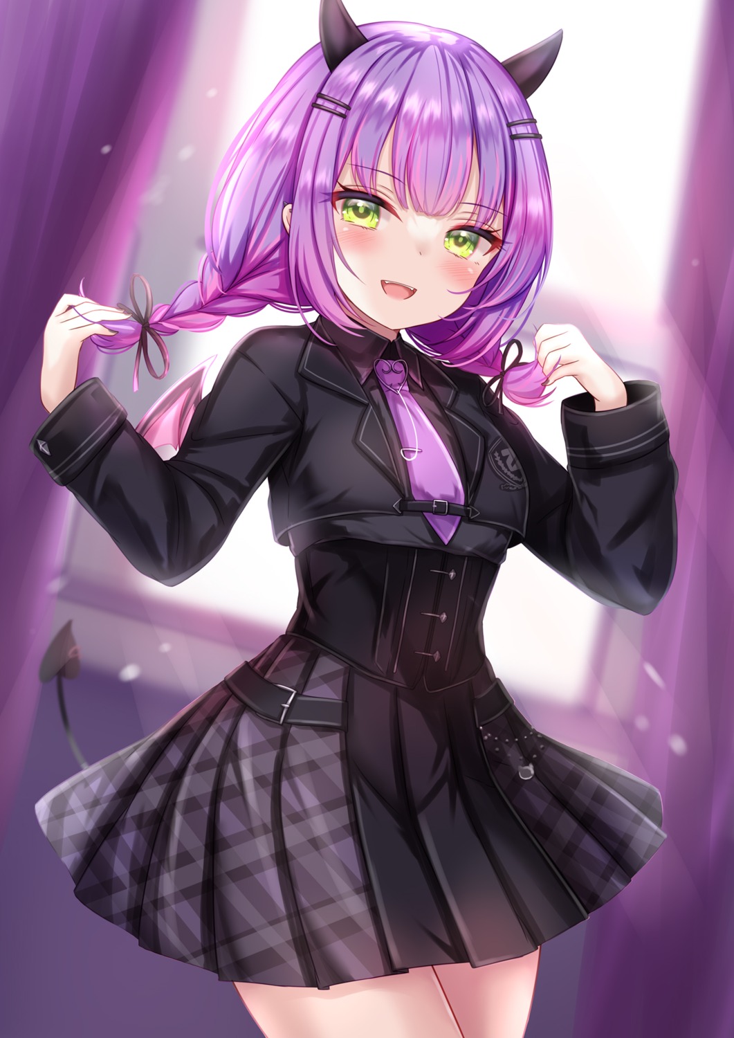 hololive, horns, seifuku, skirt_lift, tail, tokoyami_towa, wings, yuano