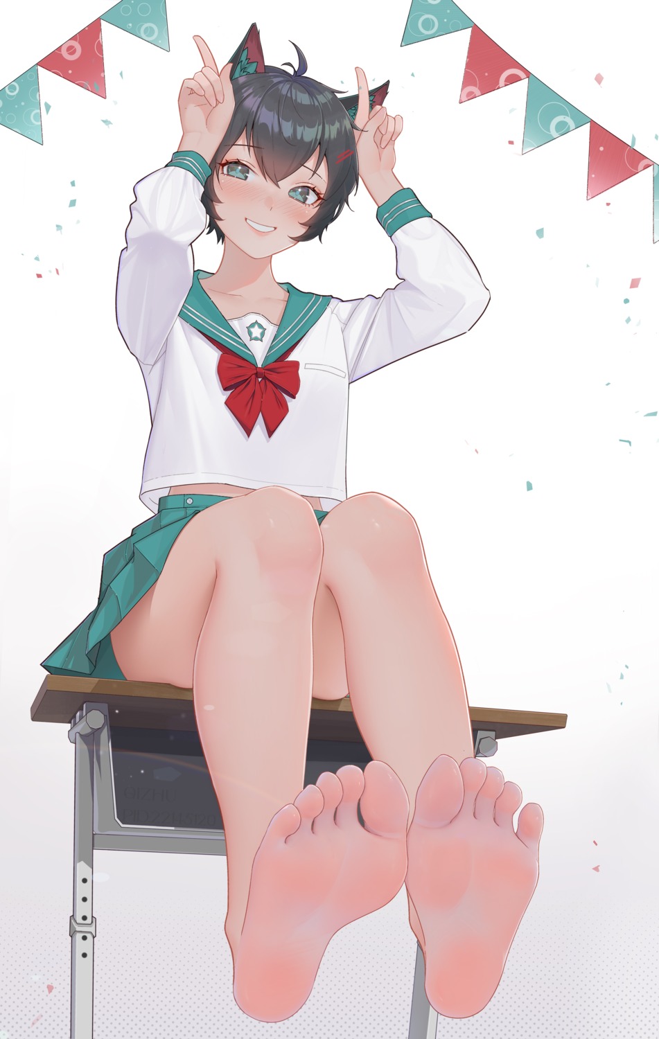 animal_ears, feet, nekomimi, qizhu, seifuku, skirt_lift