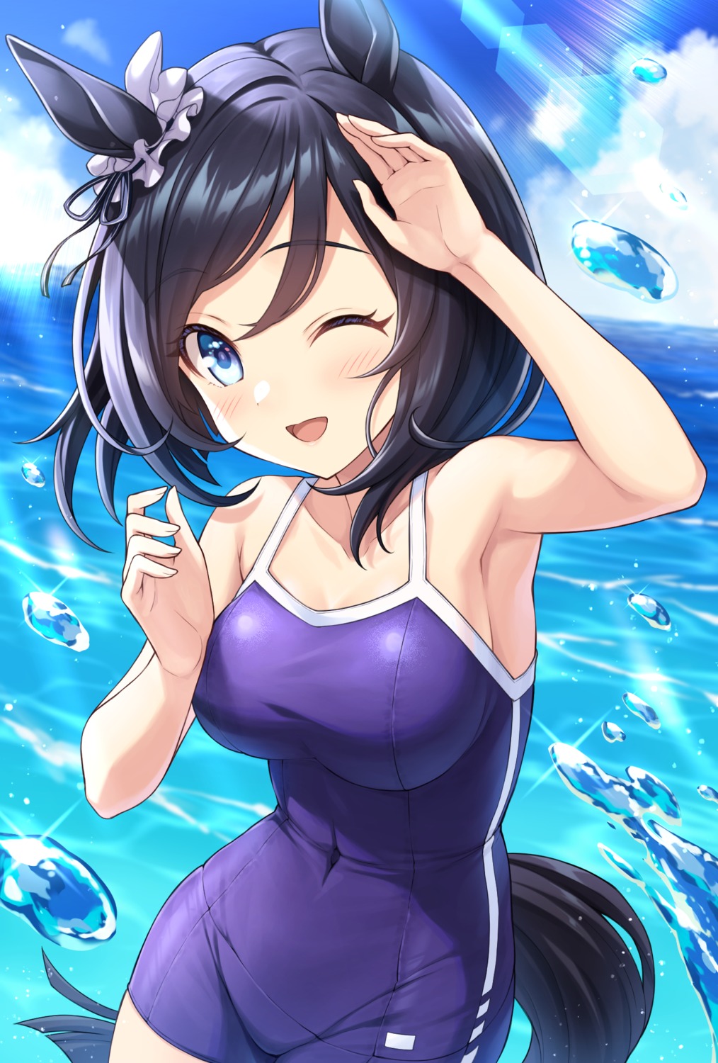 animal_ears, cleavage, eishin_flash_(umamusume), school_swimsuit, swimsuits, tail, tomo_(tmtm_mf_mf), uma_musume_pretty_derby