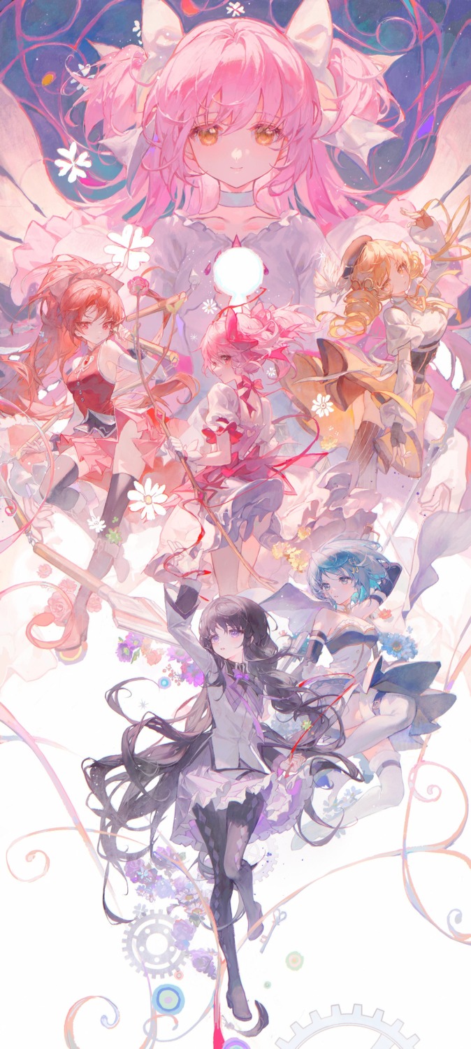 akemi_homura, cleavage, dress, gun, heels, kaname_madoka, mahou_shoujo_madoka_magica, matcha, miki_sayaka, sakura_kyouko, thighhighs, tomoe_mami, ultimate_madoka, wings