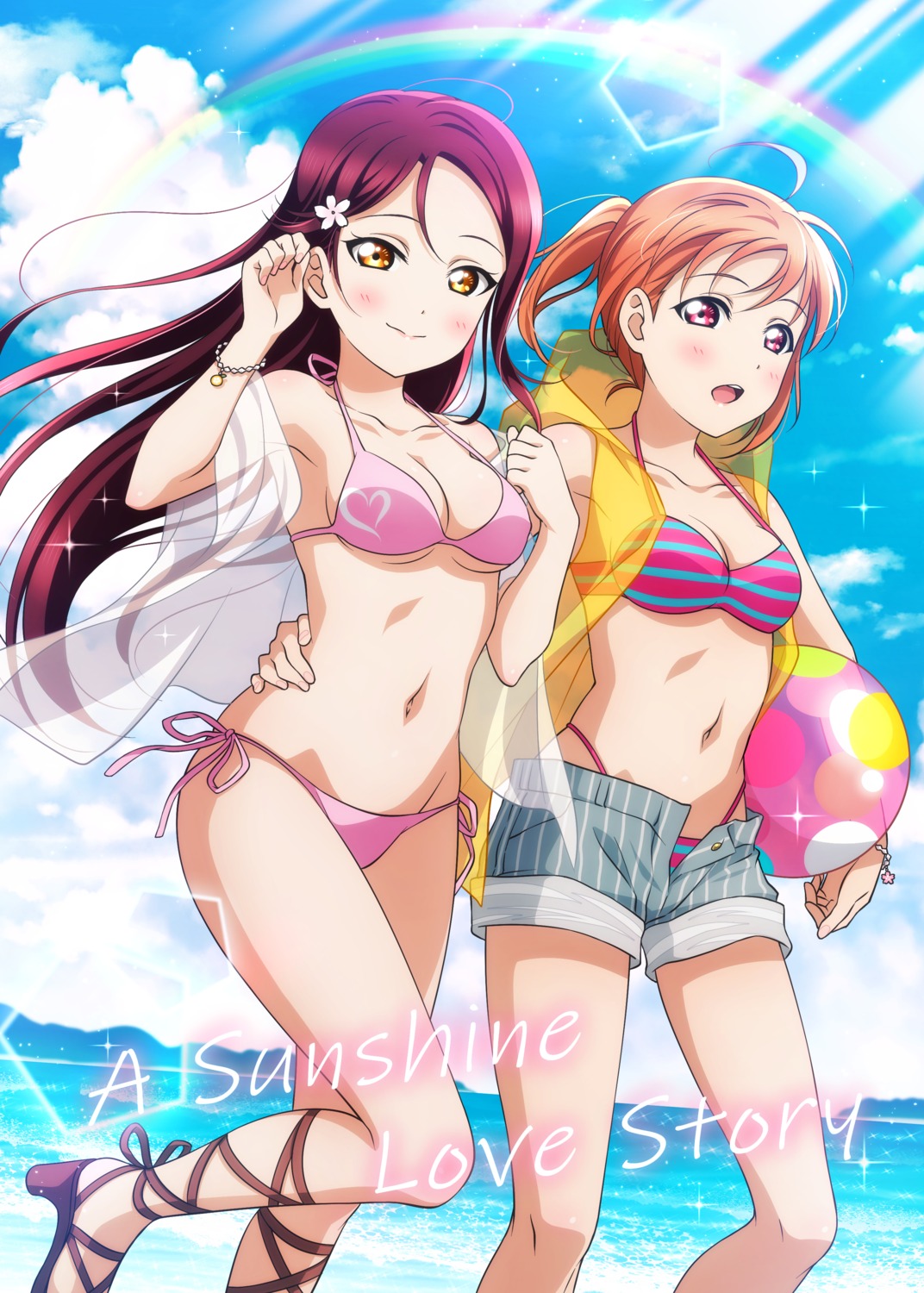 bikini, heels, kougi_hiroshi, love_live!_(series), love_live!_sunshine!!, open_shirt, sakurauchi_riko, see_through