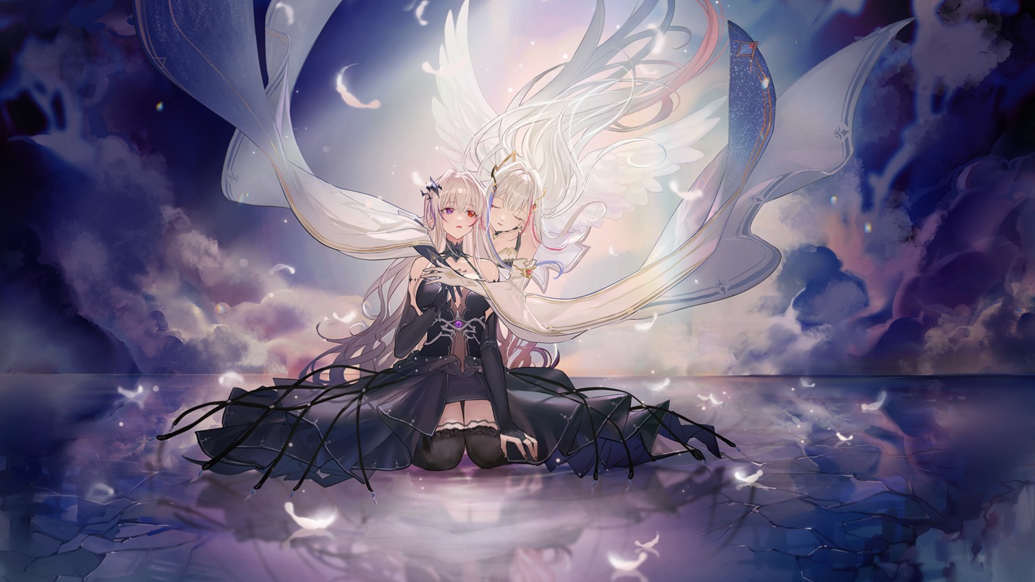 dress, thighhighs, wallpaper, wings, yuri, zuo600