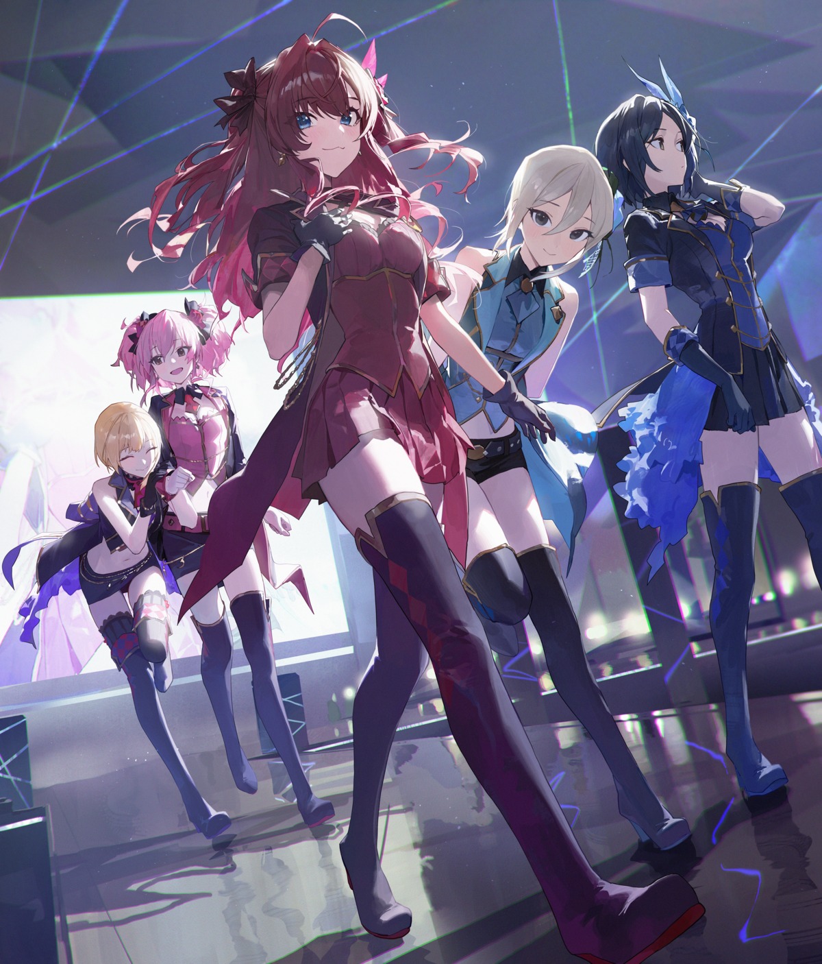 cleavage, hayami_kanade, heels, ichinose_shiki, jougasaki_mika, miyamoto_frederica, modare, shiomi_shuuko, the_idolm@ster, the_idolm@ster_cinderella_girls, thighhighs, uniform
