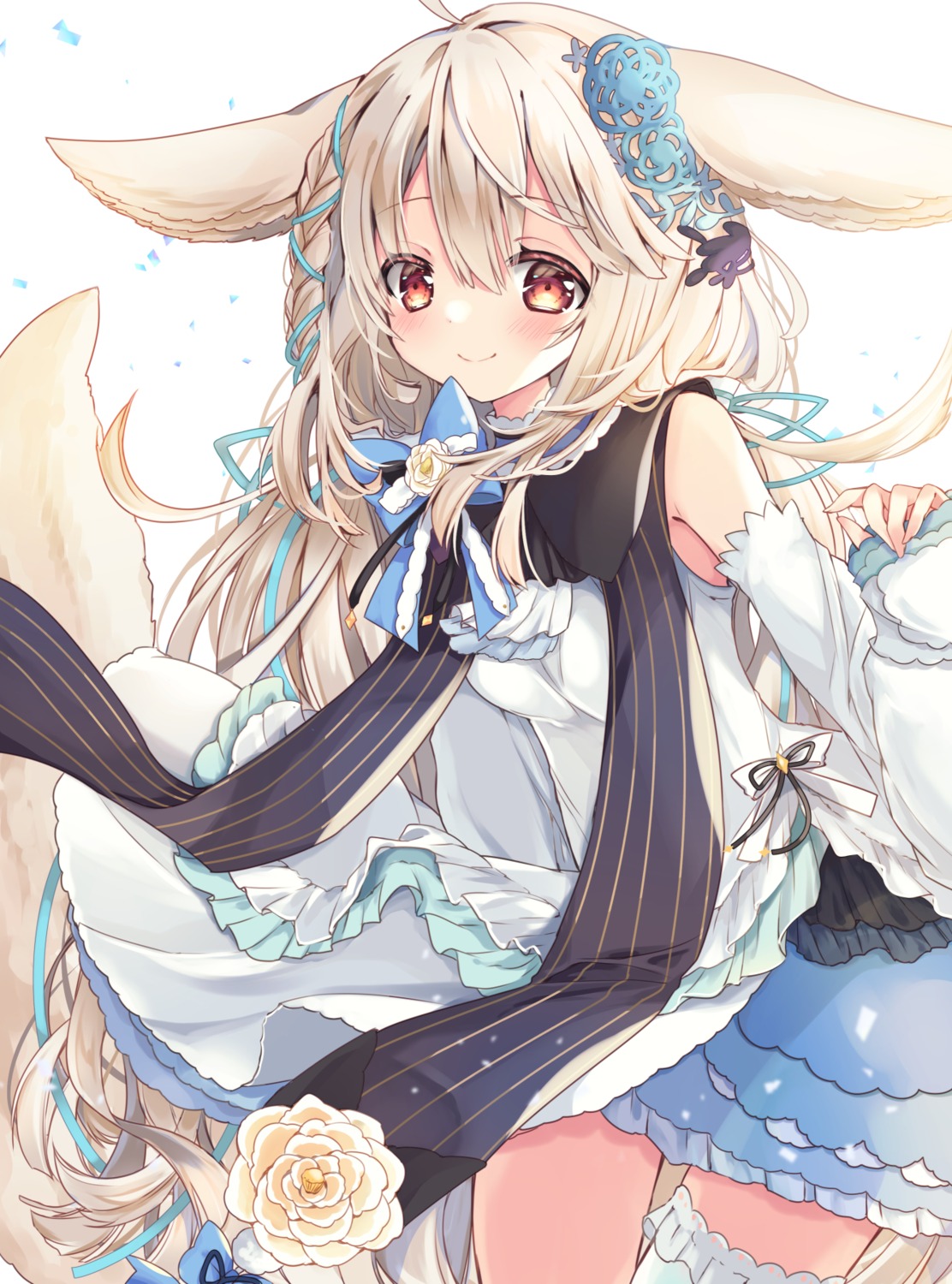 animal_ears, dress, indie_virtual_youtuber, kasane_(sanelta), sakurada_shiro, skirt_lift, tail, thighhighs