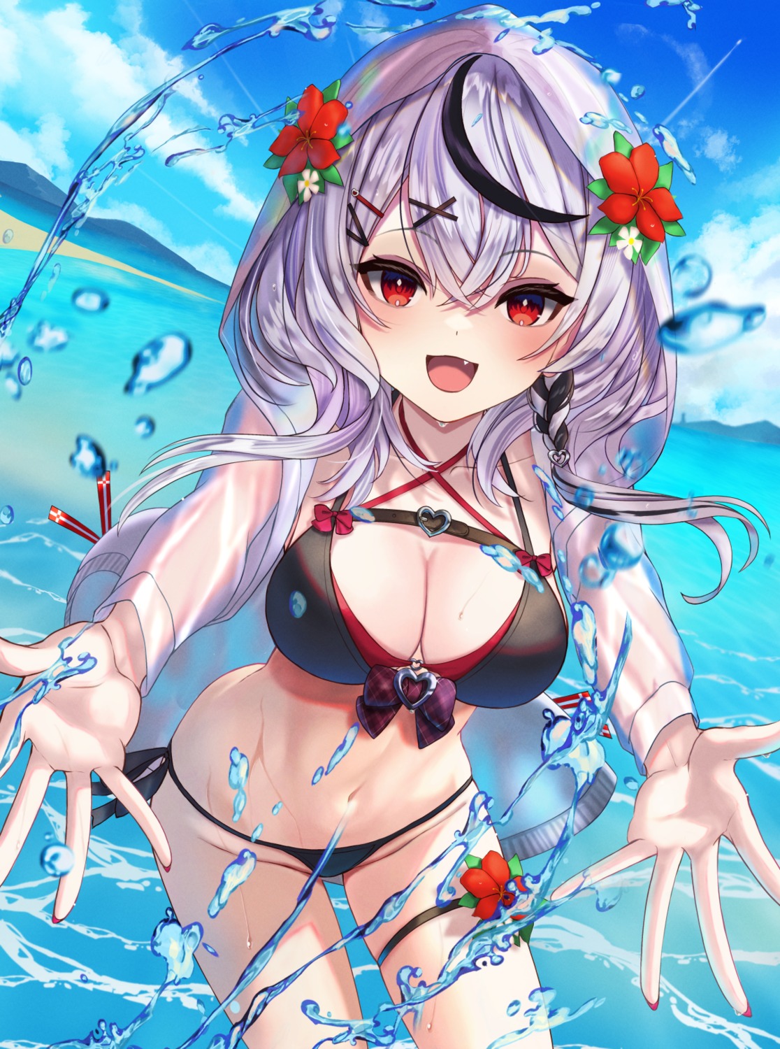 bikini, garter, hololive, inari_(ambercrown), open_shirt, sakamata_chloe, see_through, swimsuits