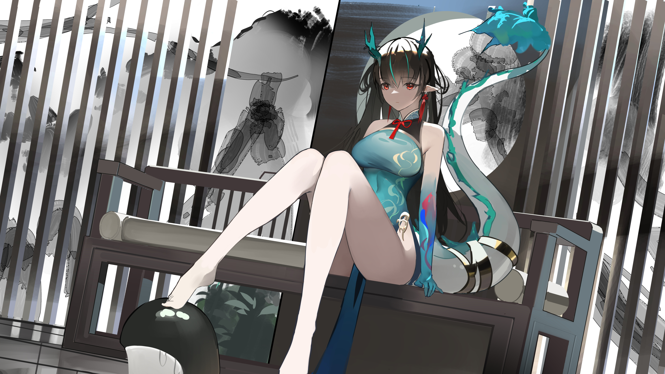 arknights, chinadress, da_(datako), dusk_(arknights), horns, pointy_ears, tail