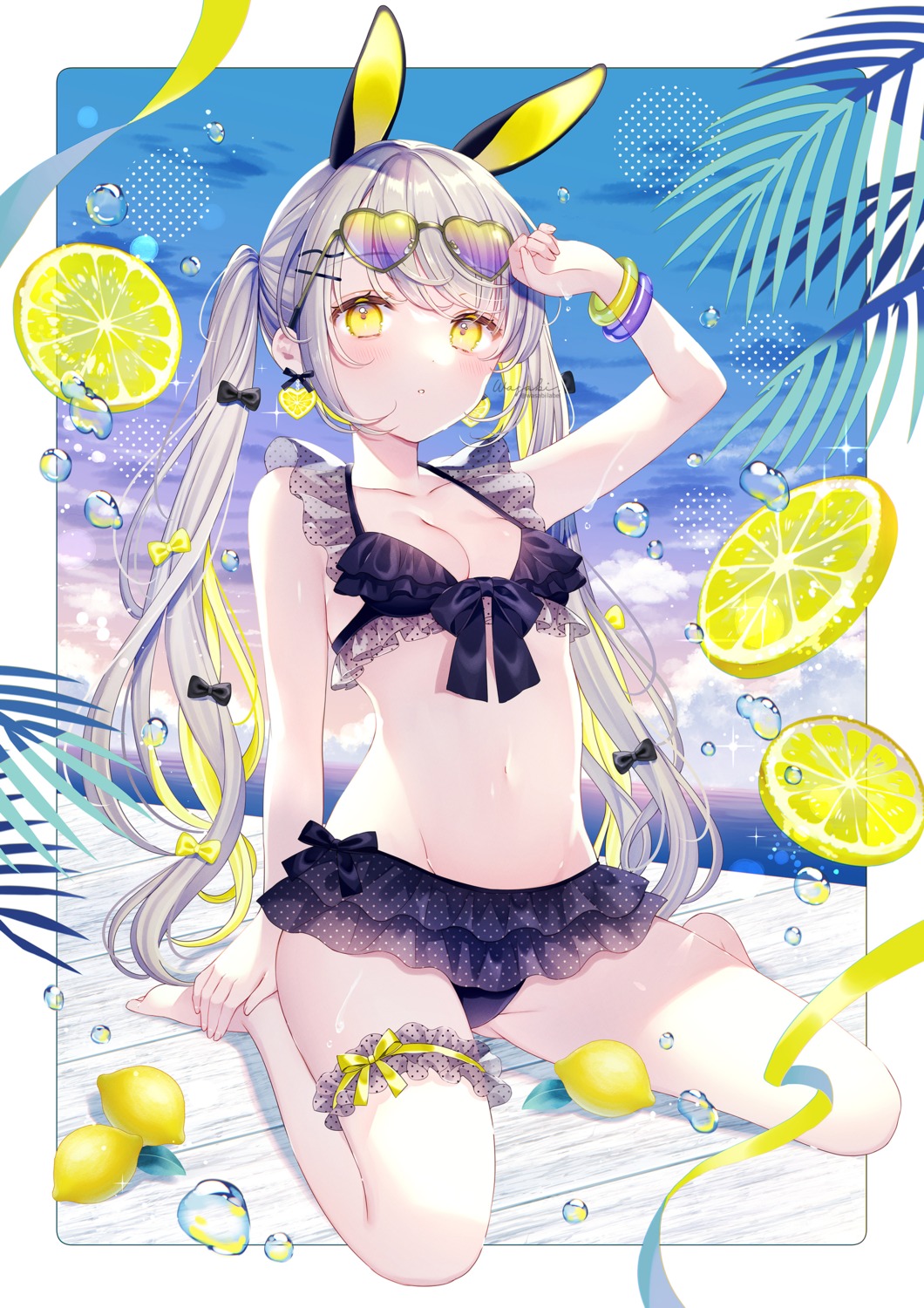 animal_ears, bikini, bunny_ears, garter, megane, see_through, swimsuits, wasabi_(sekai)