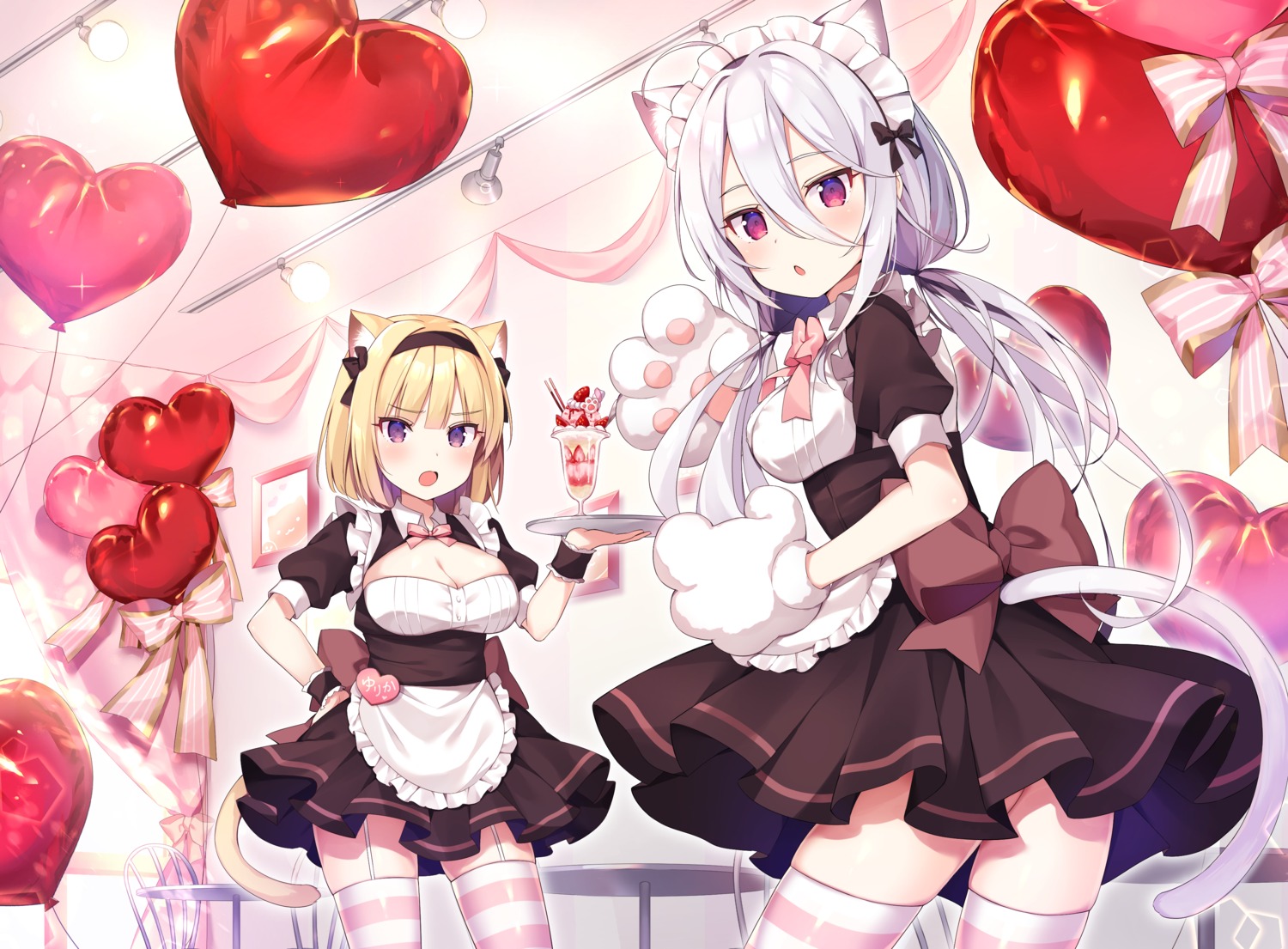 animal_ears, kirimiya_tsurugi, maid, nekomimi, no_bra, stockings, tail, thighhighs