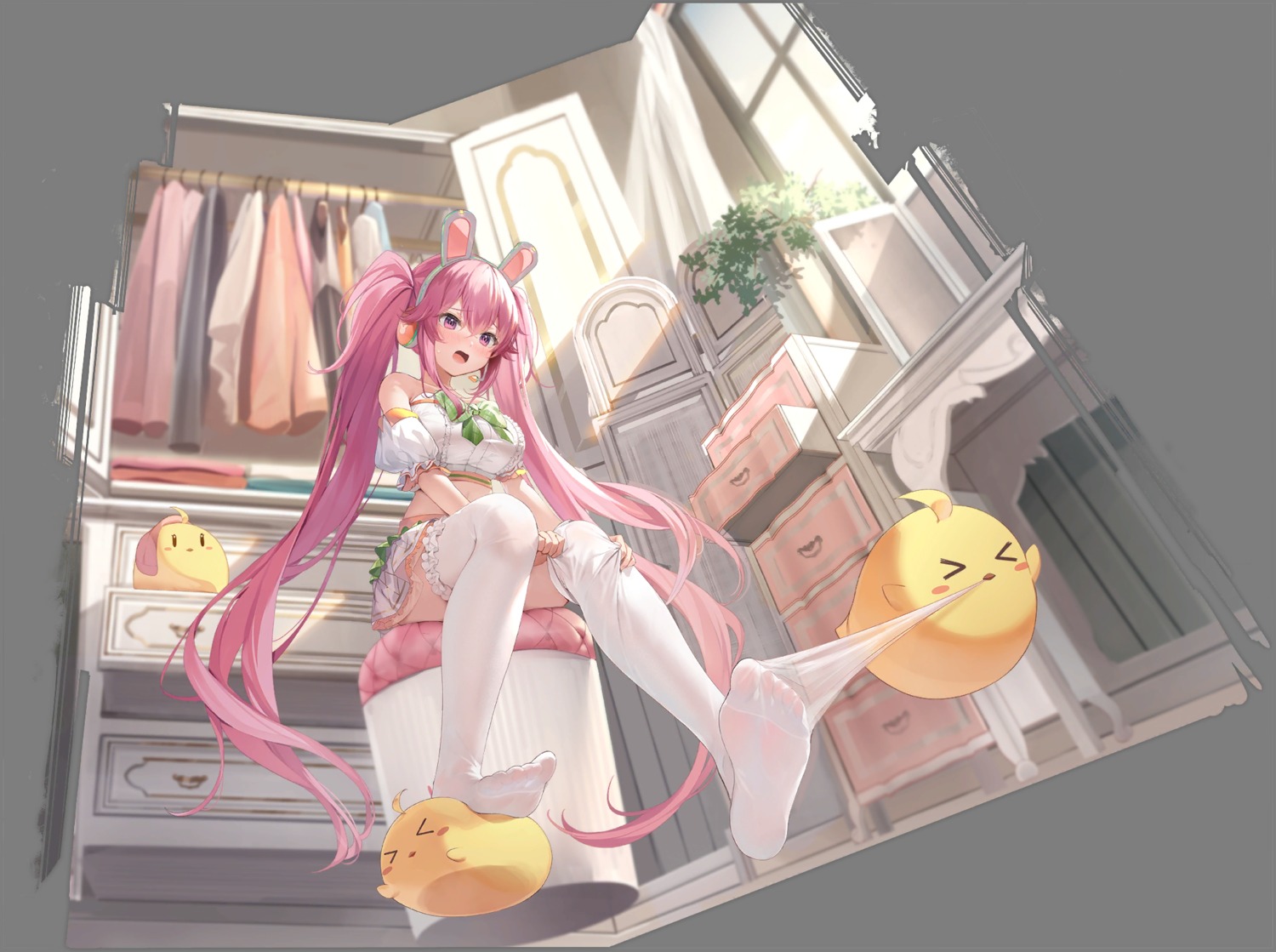 animal_ears, azur_lane, bunny_ears, emanuele_pessagno_(azur_lane), feet, garter, headphones, kanda_done, manjuu_(azur_lane), no_bra, see_through, skirt_lift, thighhighs, transparent_png, undressing