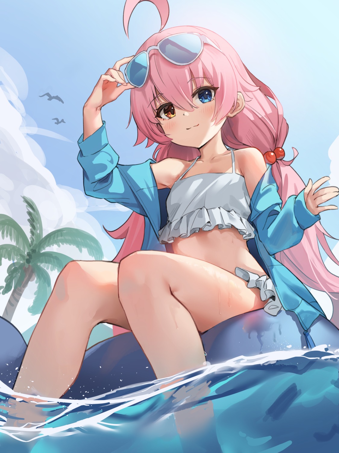 bikini, blue_archive, halo, heterochromia, megane, open_shirt, qianduan_mozhi, swimsuits, takanashi_hoshino, wet