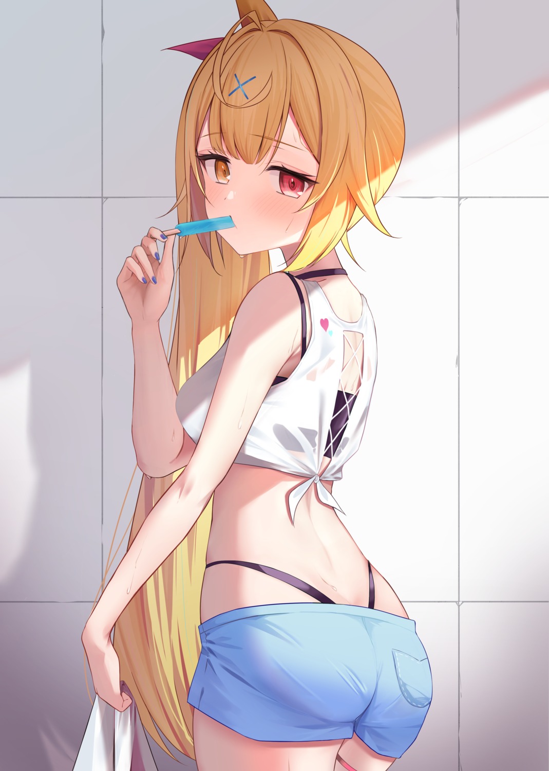 ass, bikini, equal_(heartstrings), garter, heterochromia, hoshikawa_sara, nijisanji, see_through, swimsuits, wet_clothes