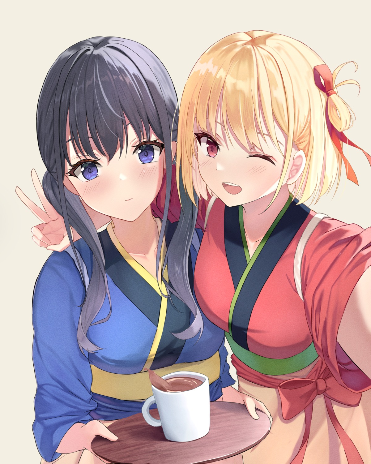 i_ruru, inoue_takina, japanese_clothes, lycoris_recoil, nishikigi_chisato, selfie, waitress