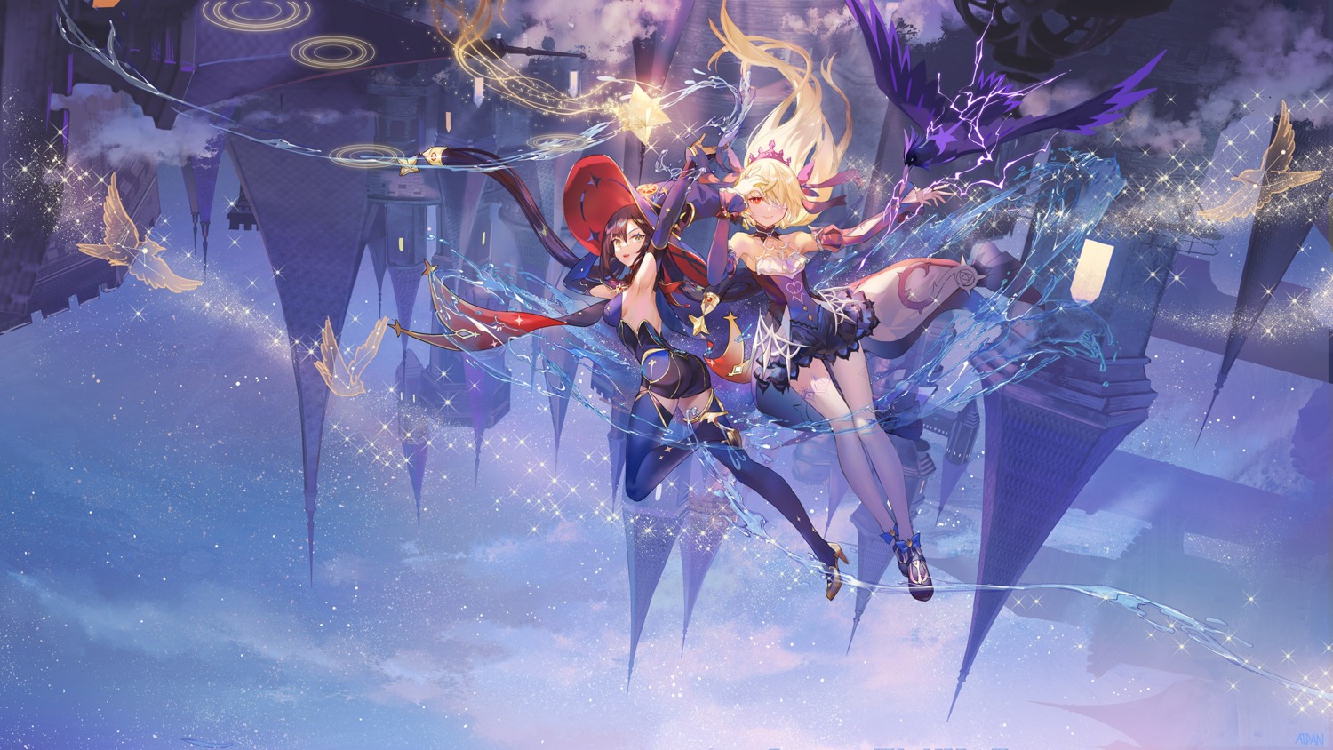 atdan, dress, eyepatch, fischl, genshin_impact, heels, mona_megistus, oz_(genshin_impact), thighhighs, witch