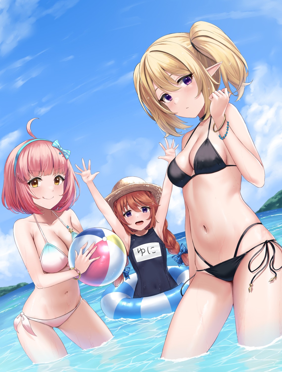 bikini, kazama_chieru, kuroe_hanako, pointy_ears, princess_connect!, princess_connect!_re:dive, rama_(yu-light8), school_swimsuit, shingyouji_yuni, swimsuits, wet