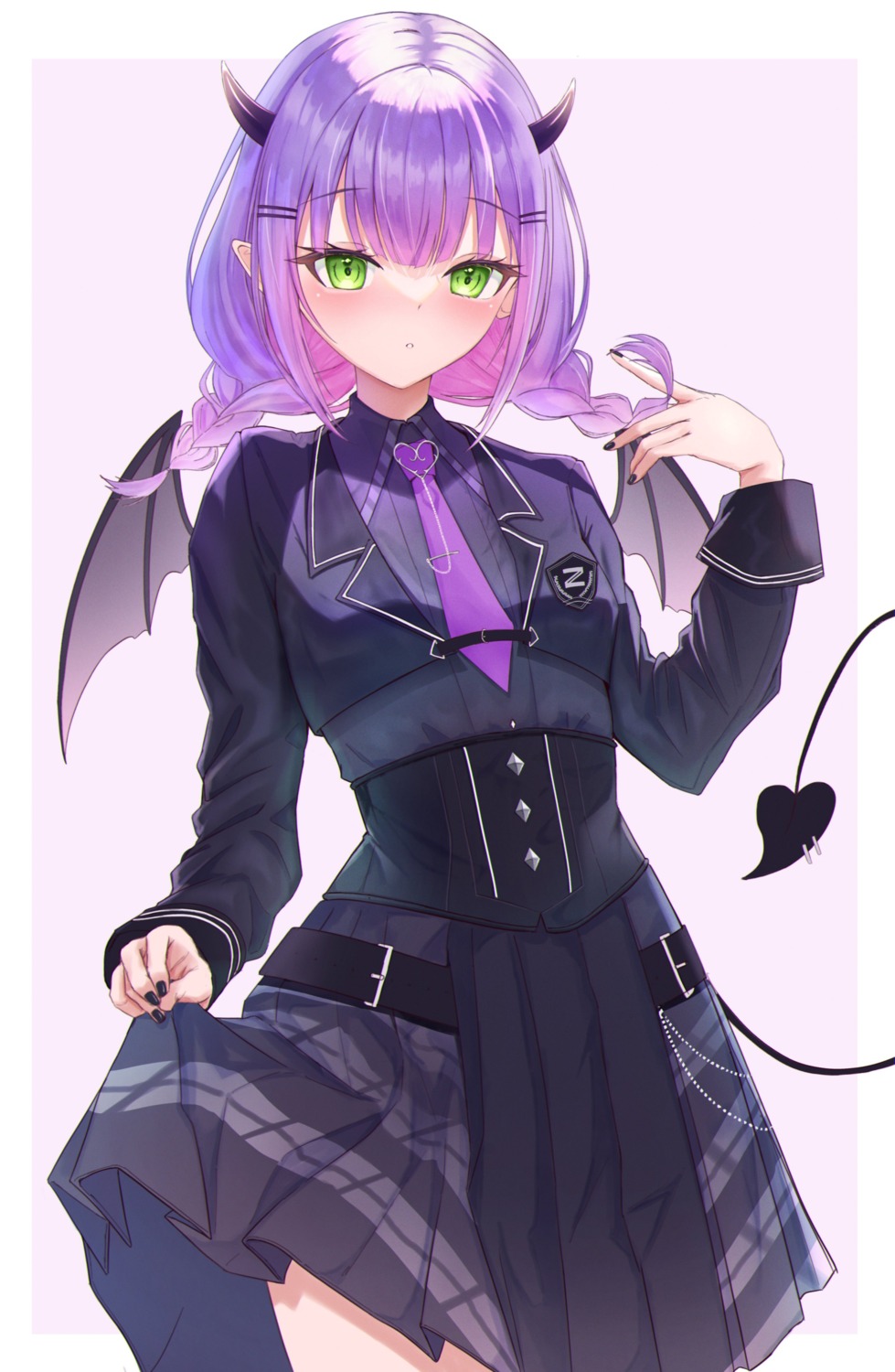 hololive, horns, pointy_ears, rin_(pixiv26201783), seifuku, skirt_lift, tail, tokoyami_towa