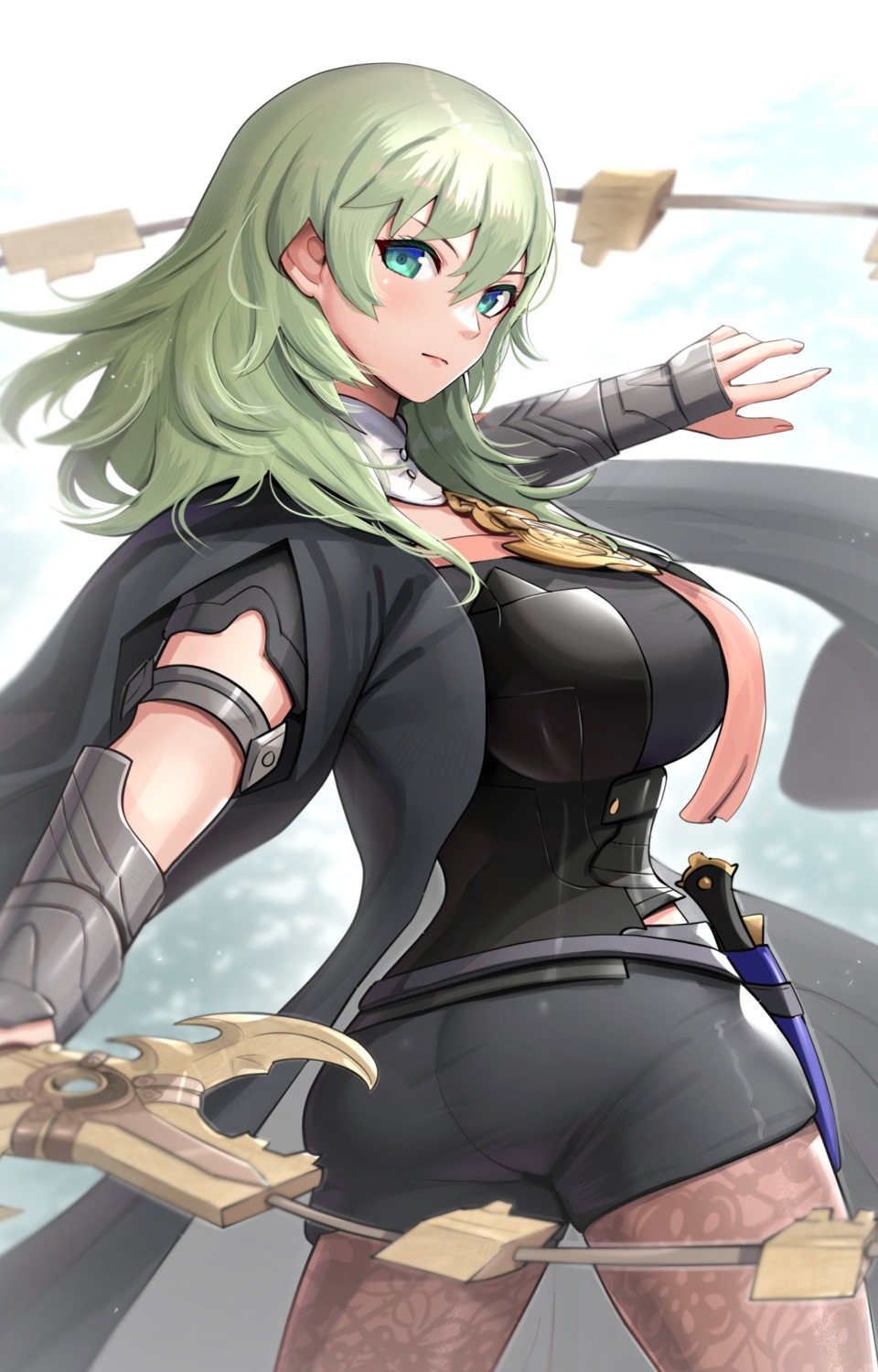 armor, ass, byleth_(fire_emblem), fire_emblem, fire_emblem_three_houses, gonzarez, pantyhose, sword, weapon