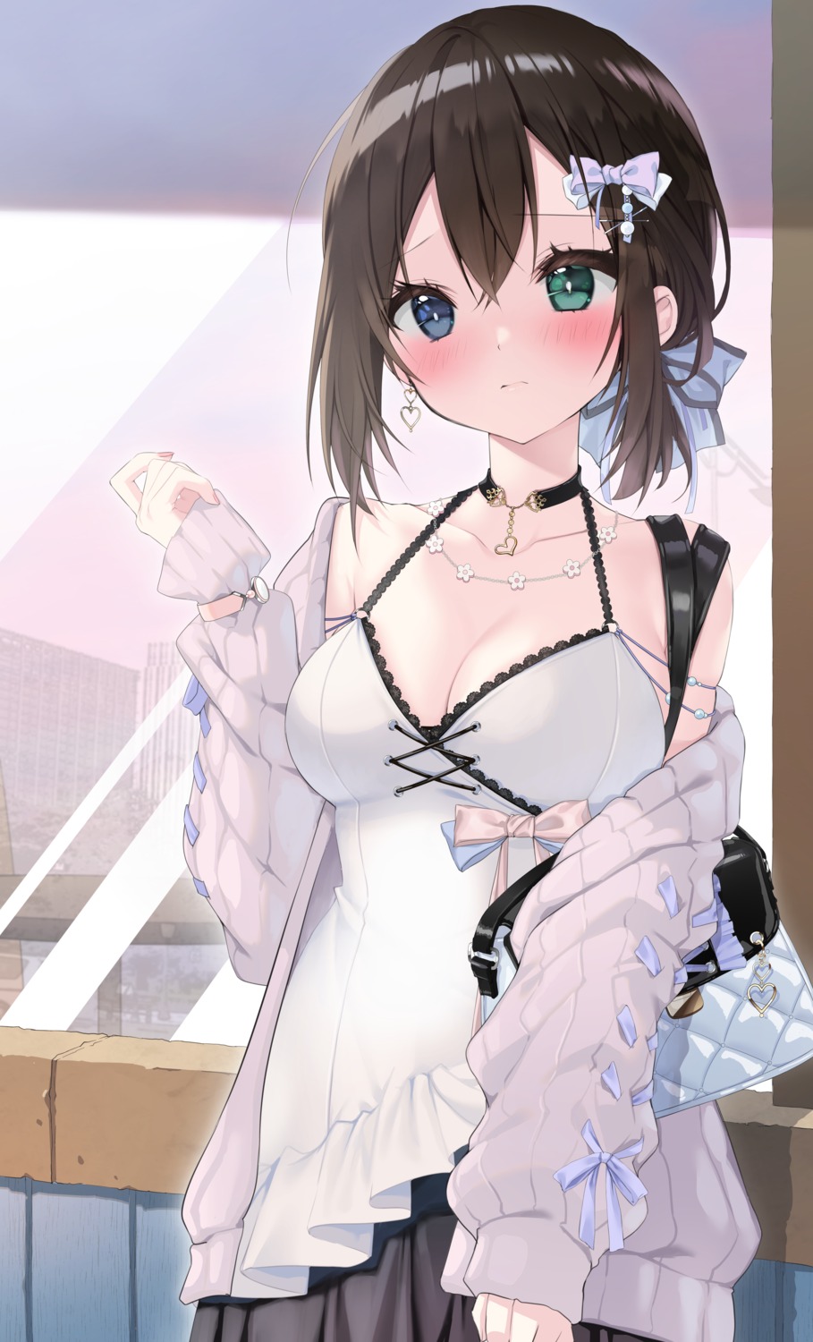 cleavage, heterochromia, no_bra, sweater, yoruhoshi_owl