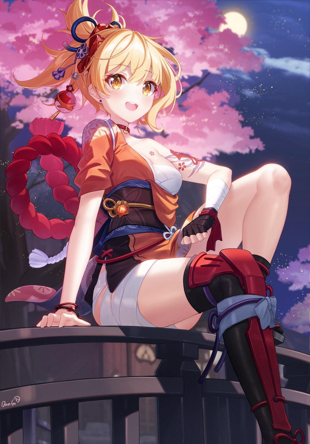 armor, bandages, dango_remi, genshin_impact, sarashi, tattoo, yoimiya