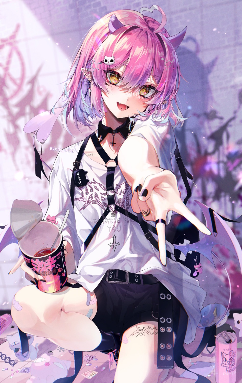 bandaid, chibi, eita_789, horns, neko, pointy_ears, tail, tattoo, wings