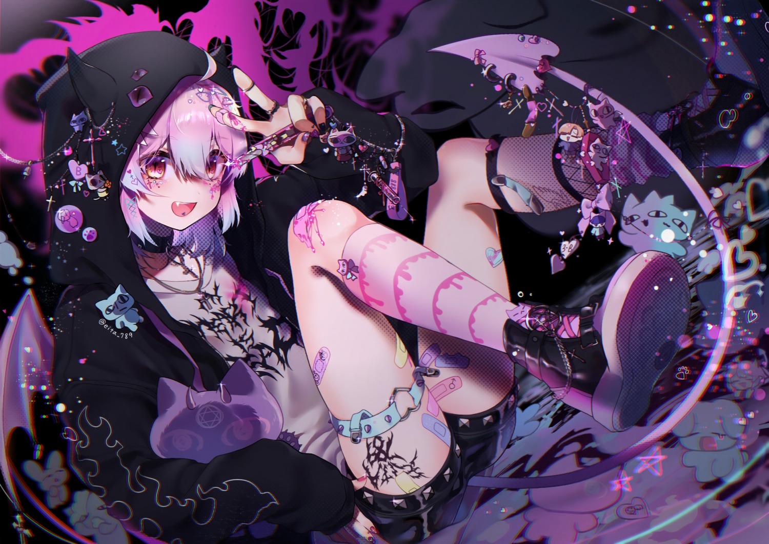 bandaid, eita_789, fishnets, garter, horns, tail, tattoo, weapon