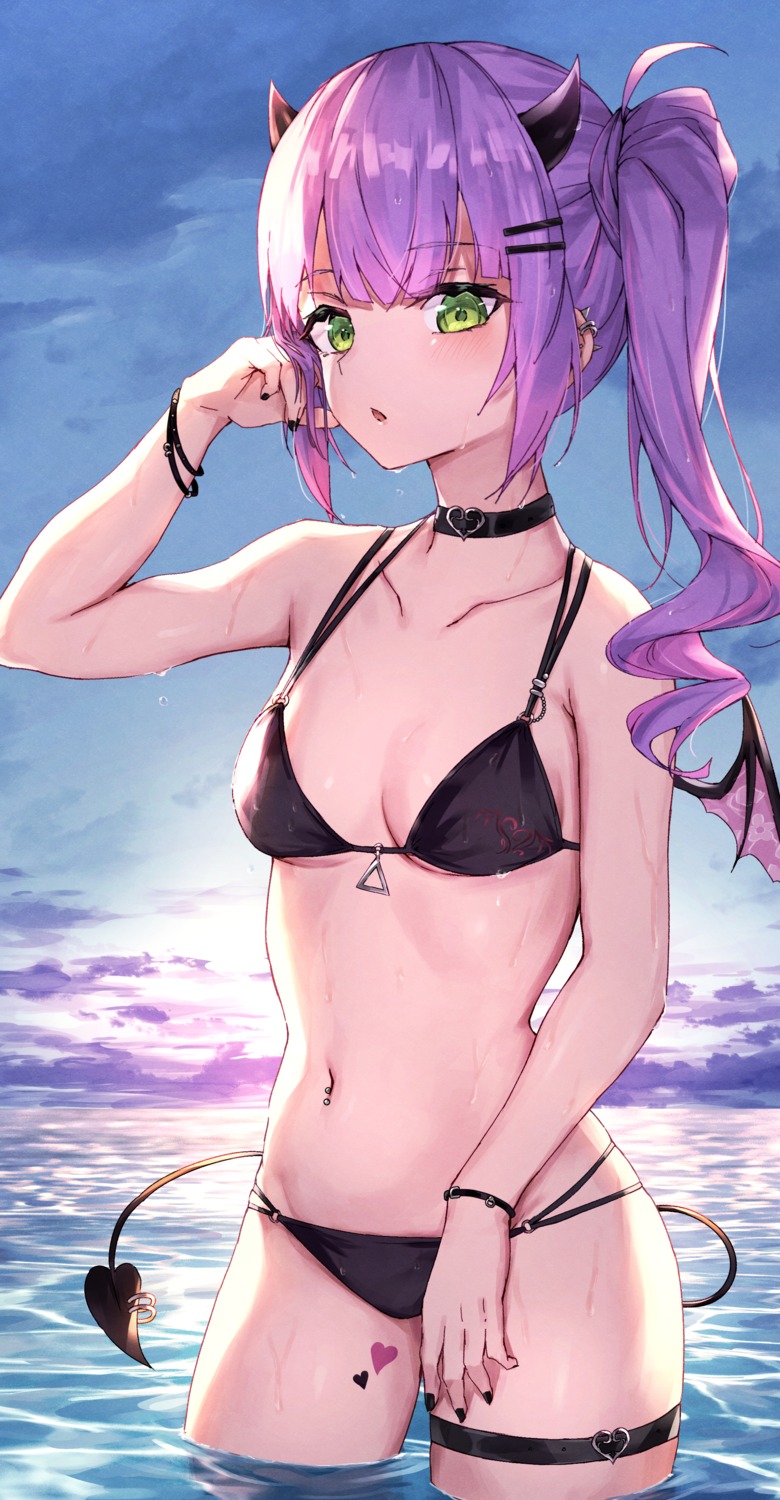 bikini, garter, hololive, horns, masaki_(msk064), swimsuits, tail, tokoyami_towa