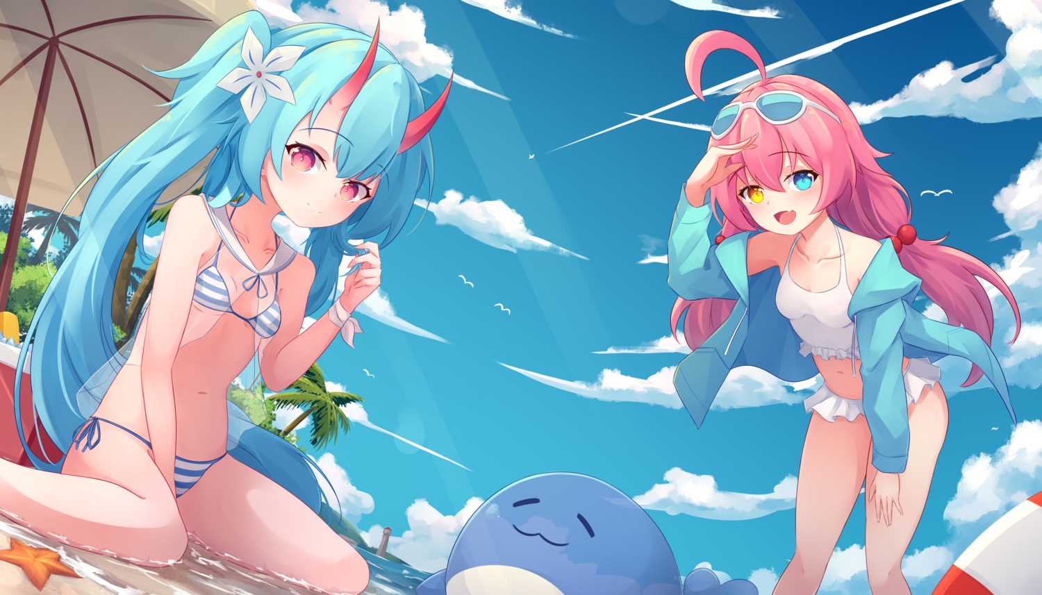 bikini, blue_archive, heterochromia, horns, megane, open_shirt, see_through, swimsuits, takanashi_hoshino, trimbil, waraku_chise, wet
