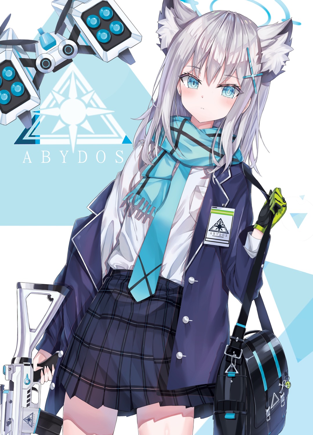 alter_(kxk7357), animal_ears, blue_archive, gun, halo, nekomimi, seifuku, sunaookami_shiroko