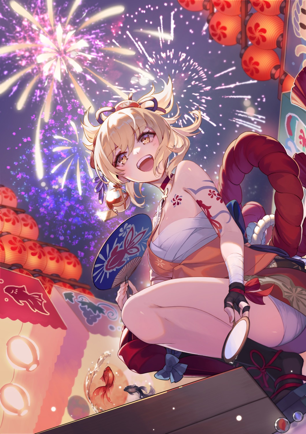 bandages, genshin_impact, japanese_clothes, sarashi, selenoring, tattoo, yoimiya