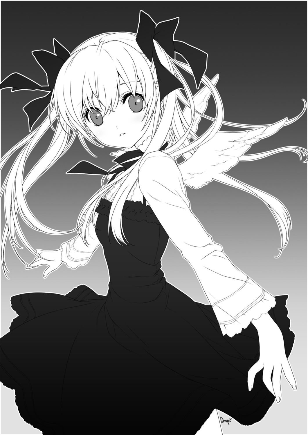 angel, dmyo, dogs, dress, monochrome, nill, wings