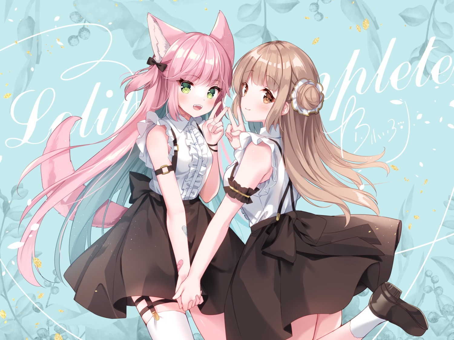 animal_ears, garter, koharu_(koiko_iloli), koiko_iloli, mia_(koiko_iloli), skirt_lift, stockings, tail