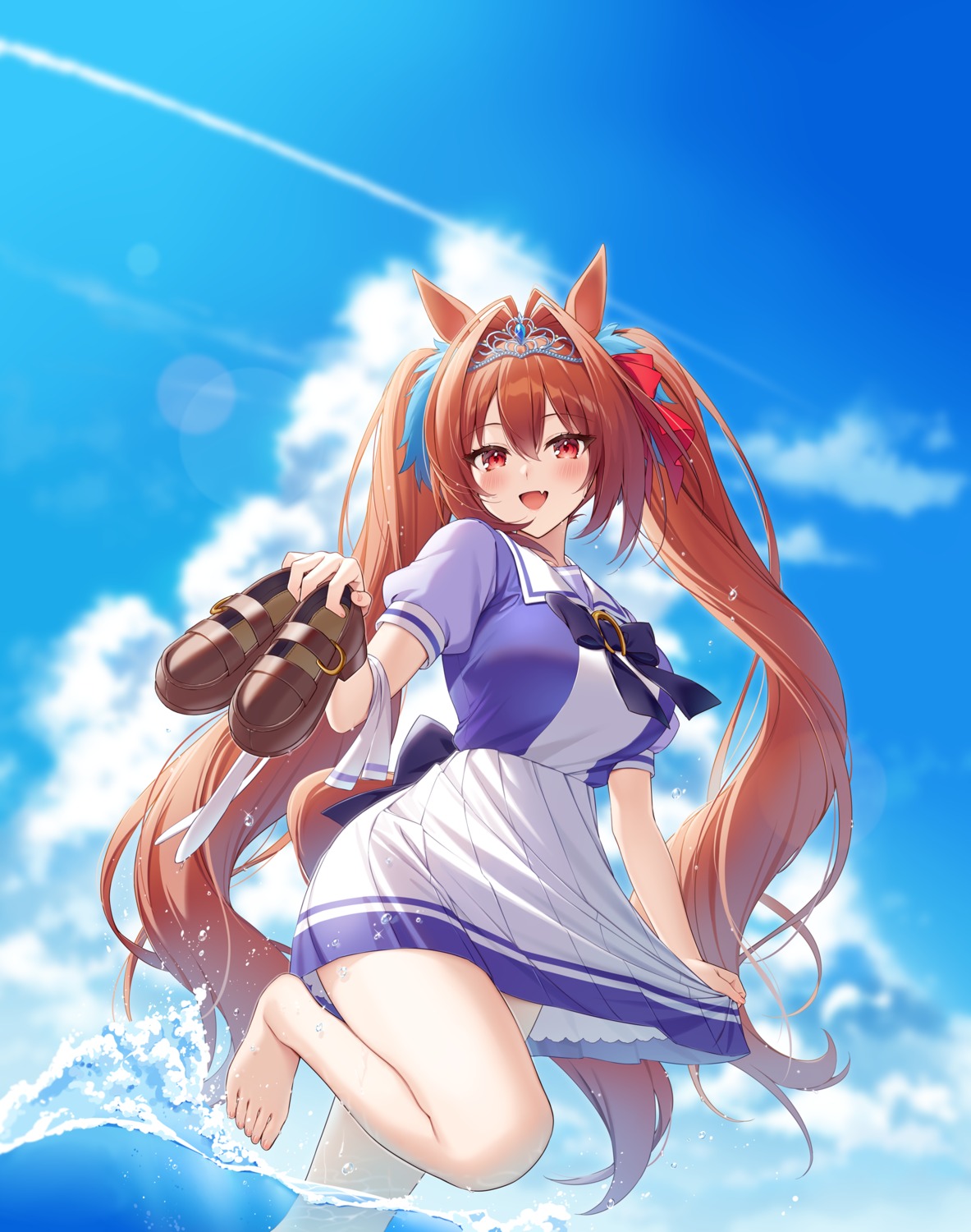 animal_ears, daiwa_scarlet_(umamusume), feet, kuroki_(ma-na-tu), seifuku, skirt_lift, tail, uma_musume_pretty_derby