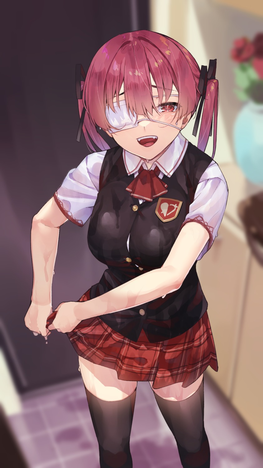 eyepatch, hololive, houshou_marine, koubou_(cowbow_kun), seifuku, thighhighs, wet, wet_clothes