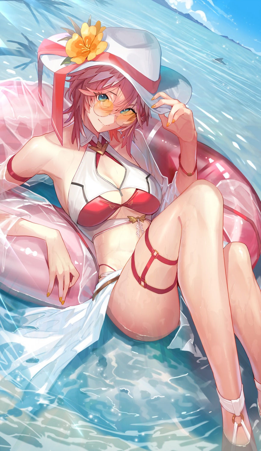 bikini, garter, hololive, kakage, megane, open_shirt, see_through, swimsuits