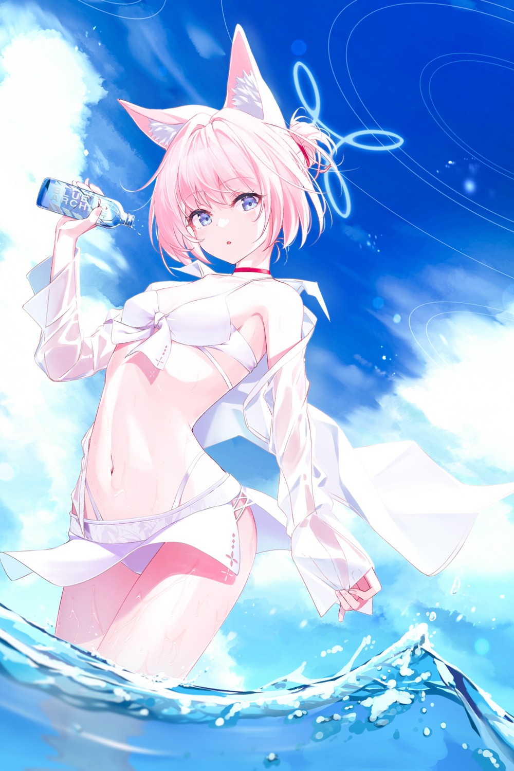 animal_ears, bikini, blue_archive, dice_gt, halo, kitsune, open_shirt, see_through, skirt_lift, swimsuits, wet, yoshino_niko