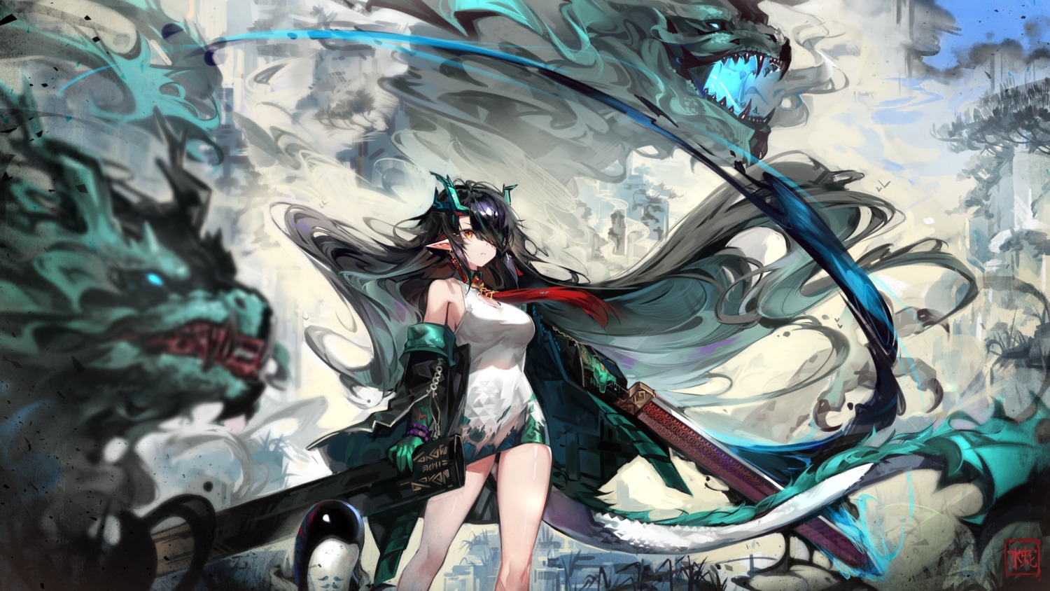 arknights, dress, dusk_(arknights), horns, libiadan, monster, pointy_ears, sword