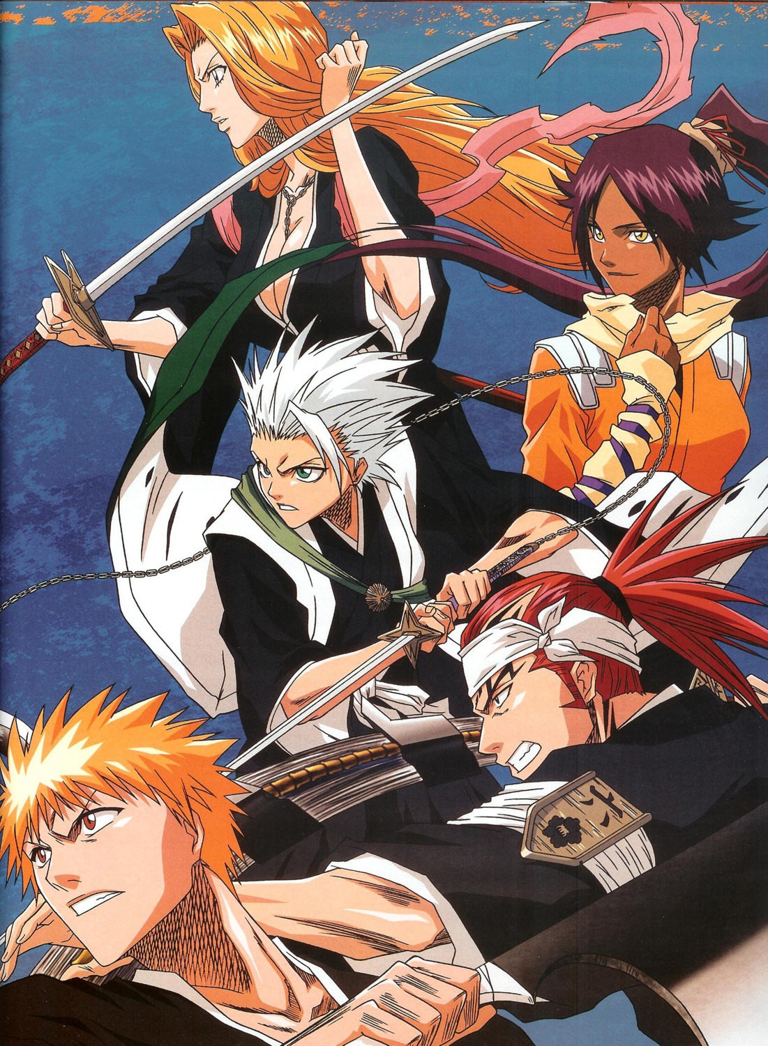 abarai_renji, binding_discoloration, bleach, hitsugaya_toushirou, kurosaki_ichigo, matsumoto_rangiku, scanning_artifacts, shihouin_yoruichi