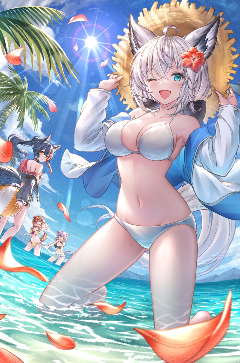 animal_ears, ass, bikini, hololive, hololive_gamers, inugami_korone, inumimi, kitsune, nekomata_okayu, nekomimi, ookami_mio, open_shirt, shirakami_fubuki, swimsuits, tail, tazaki_hayato, wet
