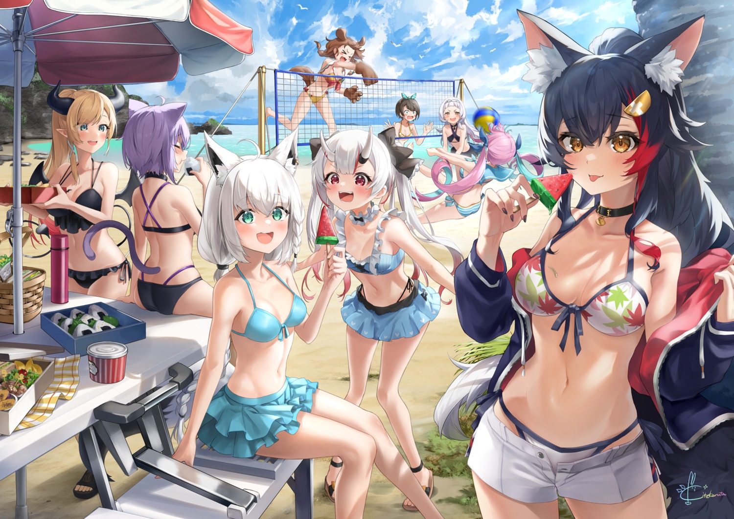animal_ears, ass, bikini, hololive, hololive_gamers, horns, inugami_korone, inumimi, kito_koruta, kitsune, minato_aqua, murasaki_shion, nakiri_ayame, nekomata_okayu, nekomimi, ookami_mio, oozora_subaru, open_shirt, pointy_ears, shirakami_fubuki, swimsuits, tail, wings, yuzuki_choco