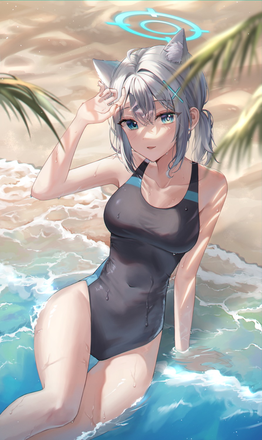 animal_ears, blue_archive, halo, nekomimi, sunaookami_shiroko, swimsuits, wet, wolla
