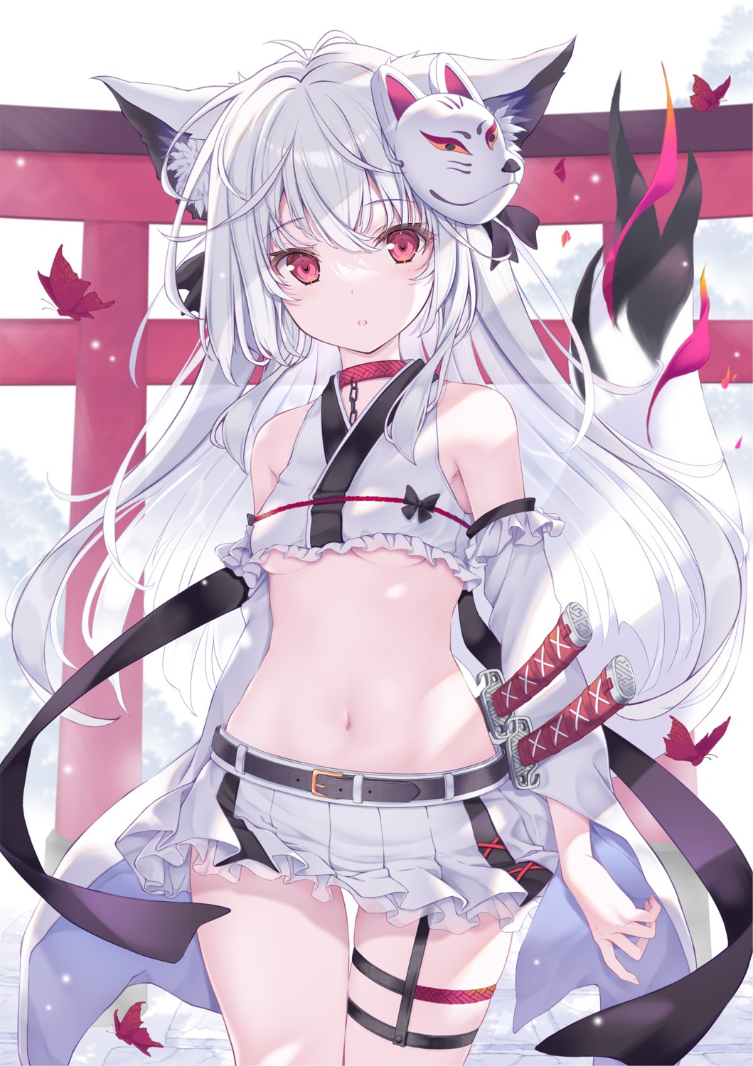 animal_ears, garter, kitsune, no_bra, sword, tail, tenmu_shinryuusai, underboob