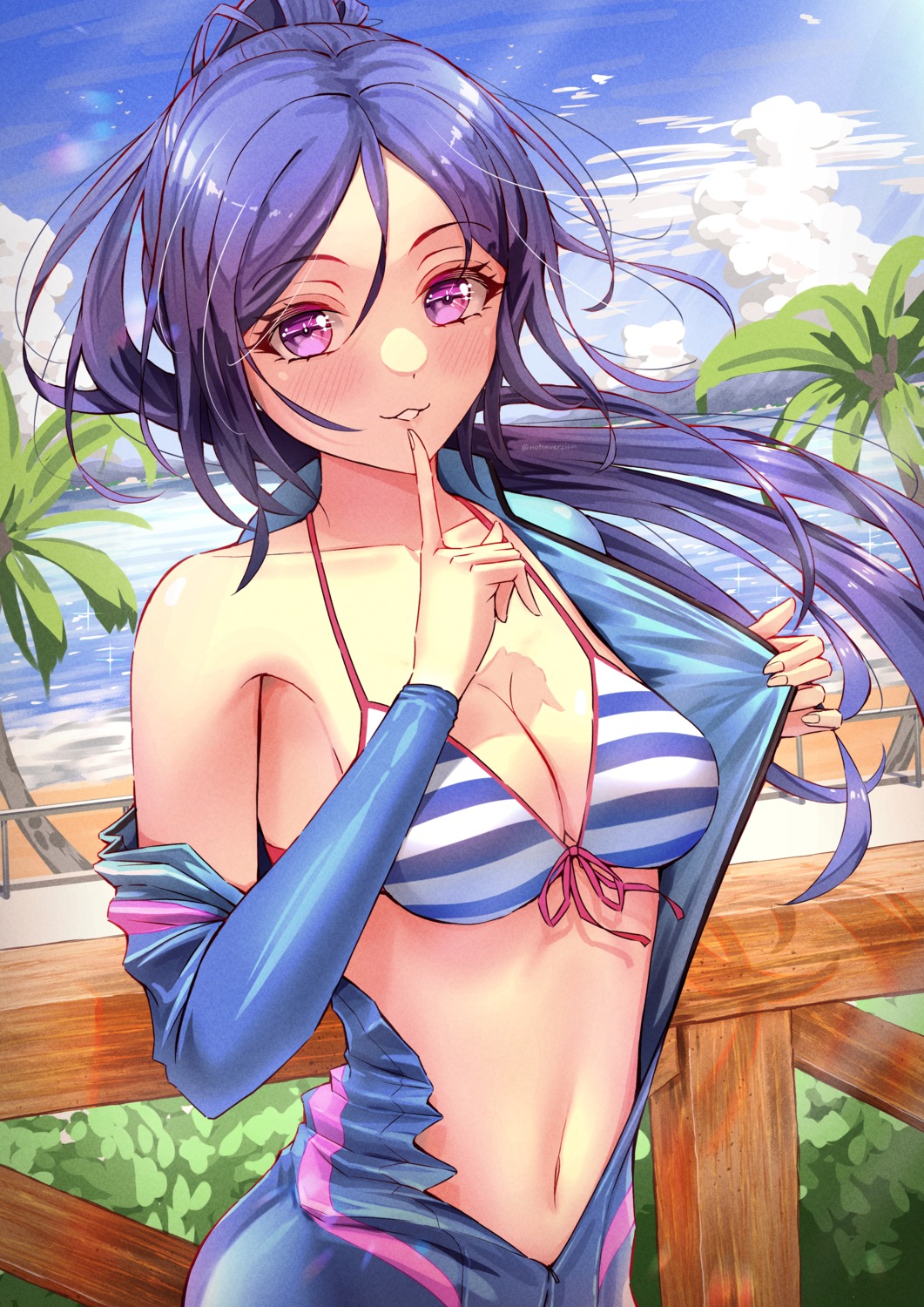 bikini_top, bodysuit, cleavage, love_live!_(series), love_live!_sunshine!!, matsuura_kanan, notinversion, open_shirt