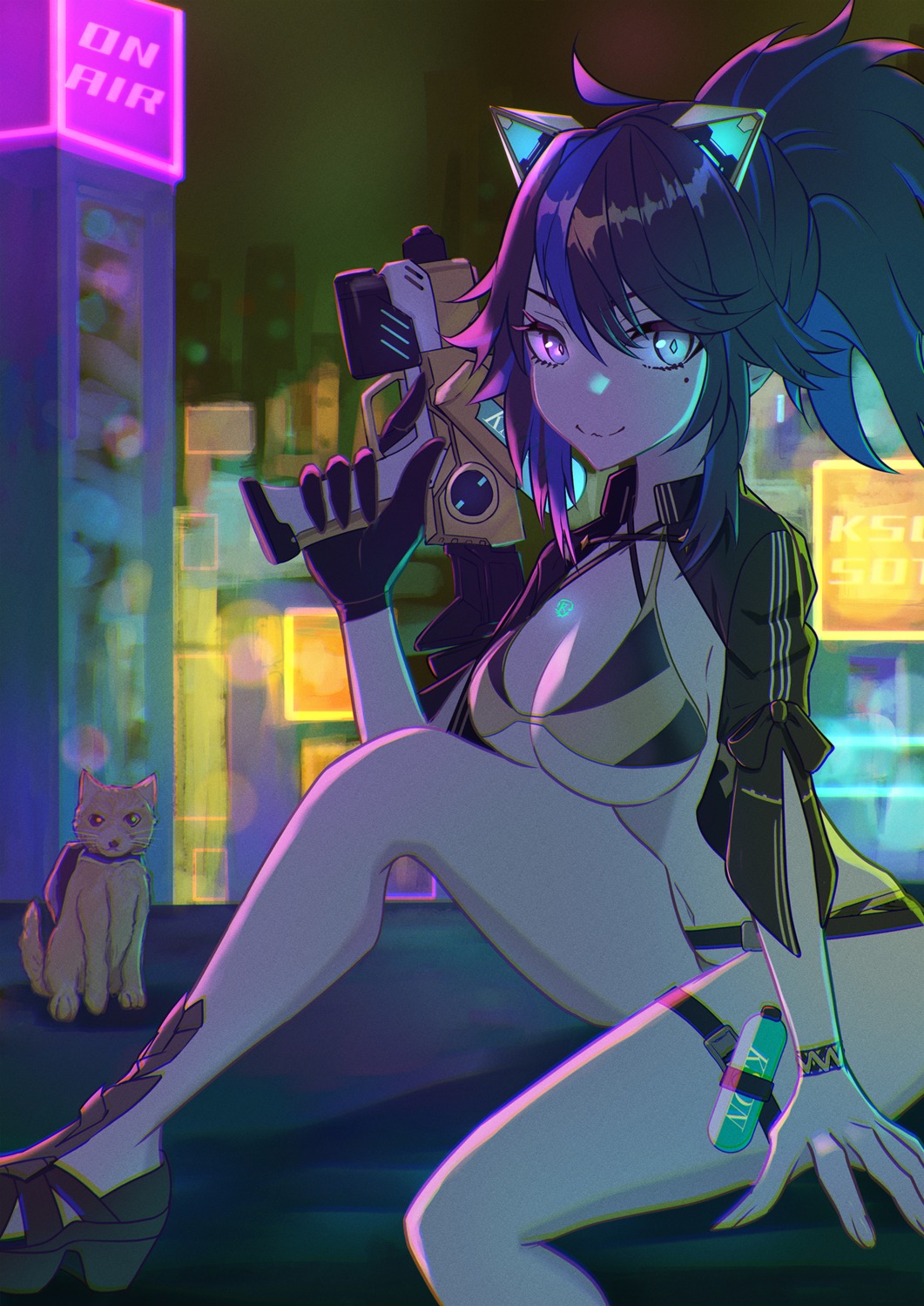 animal_ears, bikini, cosplay, gun, kson, neko, nekomimi, stray_(game), swimsuits, tattoo, vshojo, yjyj_2045